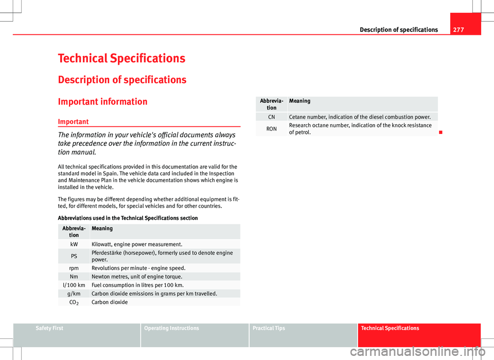 Seat Altea Freetrack 2013 Owners Manual 277
Description of specifications
Technical Specifications
Description of specifications Important information
Important
The information in your vehicle's official documents always
take precedence Seat Altea Freetrack 2013 Owners Manual 277
Description of specifications
Technical Specifications
Description of specifications Important information
Important
The information in your vehicle's official documents always
take precedence