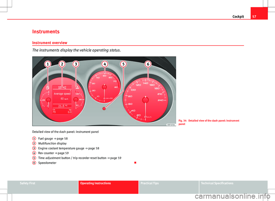 Seat Altea Freetrack 2013 Owners Guide 57
Cockpit
Instruments Instrument overview
The instruments display the vehicle operating status.
Fig. 34 Detailed view of the dash panel: instrument
panel
Detailed view of the dash panel: instrument Seat Altea Freetrack 2013 Owners Guide 57
Cockpit
Instruments Instrument overview
The instruments display the vehicle operating status.
Fig. 34 Detailed view of the dash panel: instrument
panel
Detailed view of the dash panel: instrument