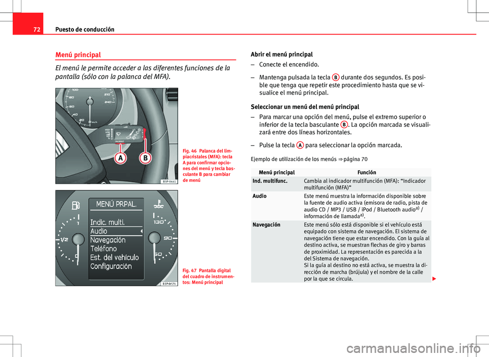 Seat Altea Freetrack 2013 Manual del propietario (in Spanish) 72Puesto de conducción
Menú principal
El menú le permite acceder a las diferentes funciones de la
pantalla (sólo con la palanca del MFA).
Fig. 46 Palanca del lim-
piacristales (MFA): tecla
A para Seat Altea Freetrack 2013 Manual del propietario (in Spanish) 72Puesto de conducción
Menú principal
El menú le permite acceder a las diferentes funciones de la
pantalla (sólo con la palanca del MFA).
Fig. 46 Palanca del lim-
piacristales (MFA): tecla
A para