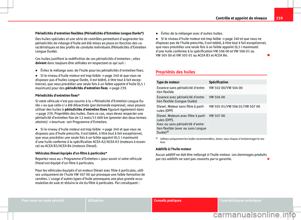 Seat Altea Freetrack 2013  Manuel du propriétaire (in French)  239
Contrôle et appoint de niveaux
Périodicités d'entretien flexibles (Périodicités d'Entretien Longue Durée*)
Des huiles spéciales et une série de contrôles permettant d'augmente