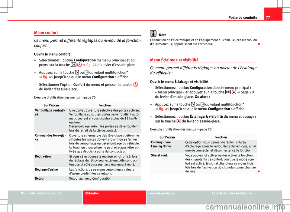 Seat Altea Freetrack 2013 Manuel du propriétaire (in French) 77
Poste de conduite
Menu confort
Ce menu permet différents réglages au niveau de la fonction
confort. Ouvrir le menu confort
– Sélectionnez l'option Configuration du menu principal et ap-
p Seat Altea Freetrack 2013 Manuel du propriétaire (in French) 77
Poste de conduite
Menu confort
Ce menu permet différents réglages au niveau de la fonction
confort. Ouvrir le menu confort
– Sélectionnez l'option Configuration du menu principal et ap-
p
