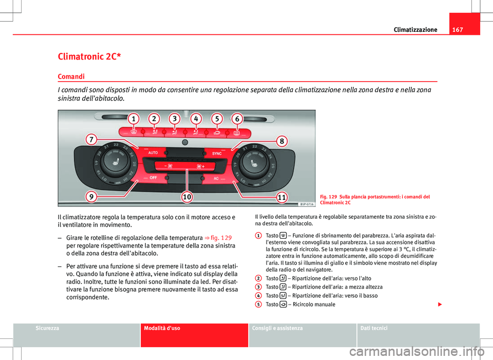Seat Altea Freetrack 2013 Manuale del proprietario (in Italian) 167
Climatizzazione
Climatronic 2C*
Comandi
I comandi sono disposti in modo da consentire una regolazione separata della climatizzazione nella zona destra e nella zona
sinistra dell'abitacolo.
Fig Seat Altea Freetrack 2013 Manuale del proprietario (in Italian) 167
Climatizzazione
Climatronic 2C*
Comandi
I comandi sono disposti in modo da consentire una regolazione separata della climatizzazione nella zona destra e nella zona
sinistra dell'abitacolo.
Fig