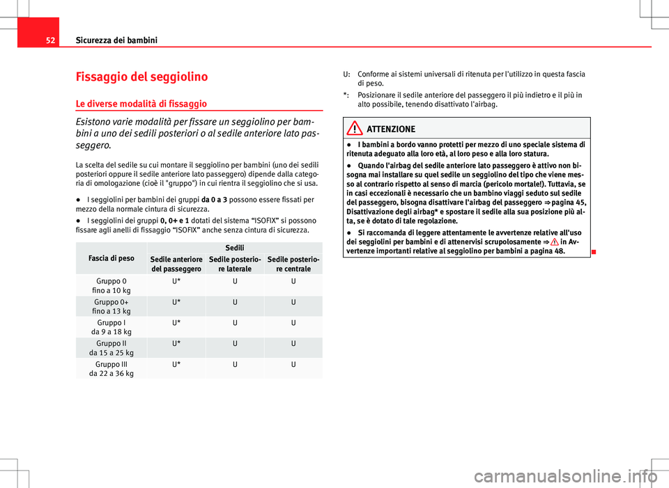 Seat Altea Freetrack 2013  Manuale del proprietario (in Italian) 52Sicurezza dei bambini
Fissaggio del seggiolino
Le diverse modalità di fissaggio
Esistono varie modalità per fissare un seggiolino per bam-
bini a uno dei sedili posteriori o al sedile anteriore la