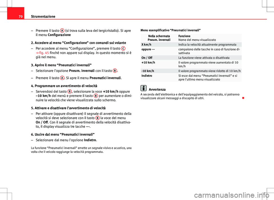 Seat Altea Freetrack 2013 Manuale del proprietario (in Italian) 70Strumentazione
–Premere il tasto A
(si trova sulla leva del tergicristallo). Si apre
il menu Configurazione
2. Accedere al menu “Configurazione” con comandi sul volante
– Per accedere al Seat Altea Freetrack 2013 Manuale del proprietario (in Italian) 70Strumentazione
–Premere il tasto A
(si trova sulla leva del tergicristallo). Si apre
il menu Configurazione
2. Accedere al menu “Configurazione” con comandi sul volante
– Per accedere al