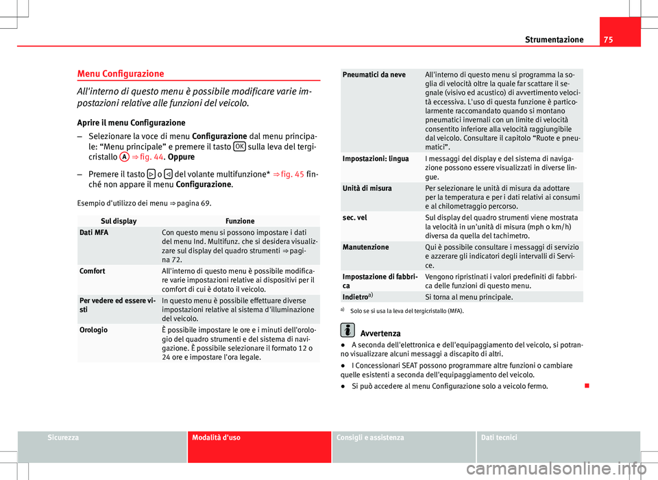 Seat Altea Freetrack 2013 Manuale del proprietario (in Italian) 75
Strumentazione
Menu Configurazione
All'interno di questo menu è possibile modificare varie im-
postazioni relative alle funzioni del veicolo. Aprire il menu Configurazione
– Selezionare la v Seat Altea Freetrack 2013 Manuale del proprietario (in Italian) 75
Strumentazione
Menu Configurazione
All'interno di questo menu è possibile modificare varie im-
postazioni relative alle funzioni del veicolo. Aprire il menu Configurazione
– Selezionare la v