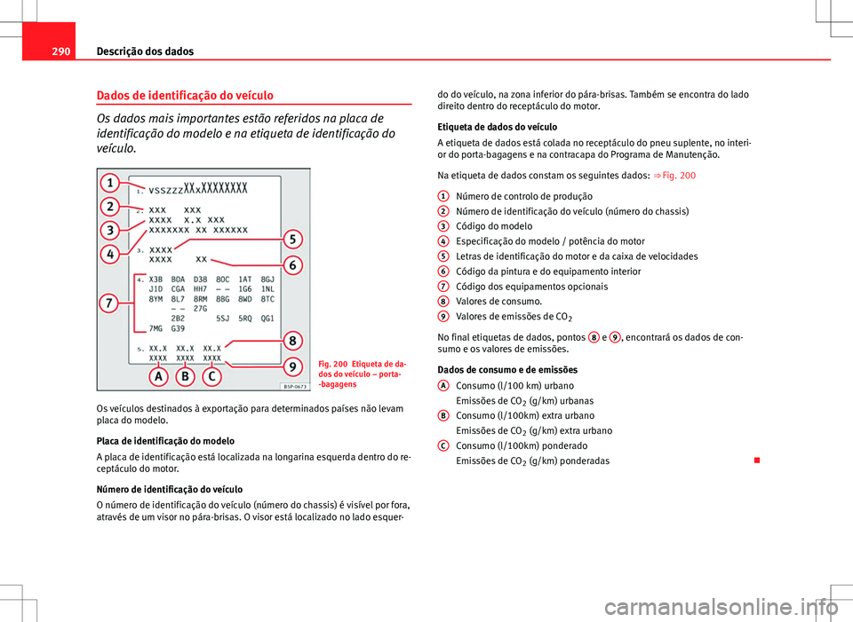 Seat Altea Freetrack 2013 Manual do proprietário (in Portuguese) 290Descrição dos dados
Dados de identificação do veículo
Os dados mais importantes estão referidos na placa de
identificação do modelo e na etiqueta de identificação do
veículo.
Fig. 200 Et Seat Altea Freetrack 2013 Manual do proprietário (in Portuguese) 290Descrição dos dados
Dados de identificação do veículo
Os dados mais importantes estão referidos na placa de
identificação do modelo e na etiqueta de identificação do
veículo.
Fig. 200 Et