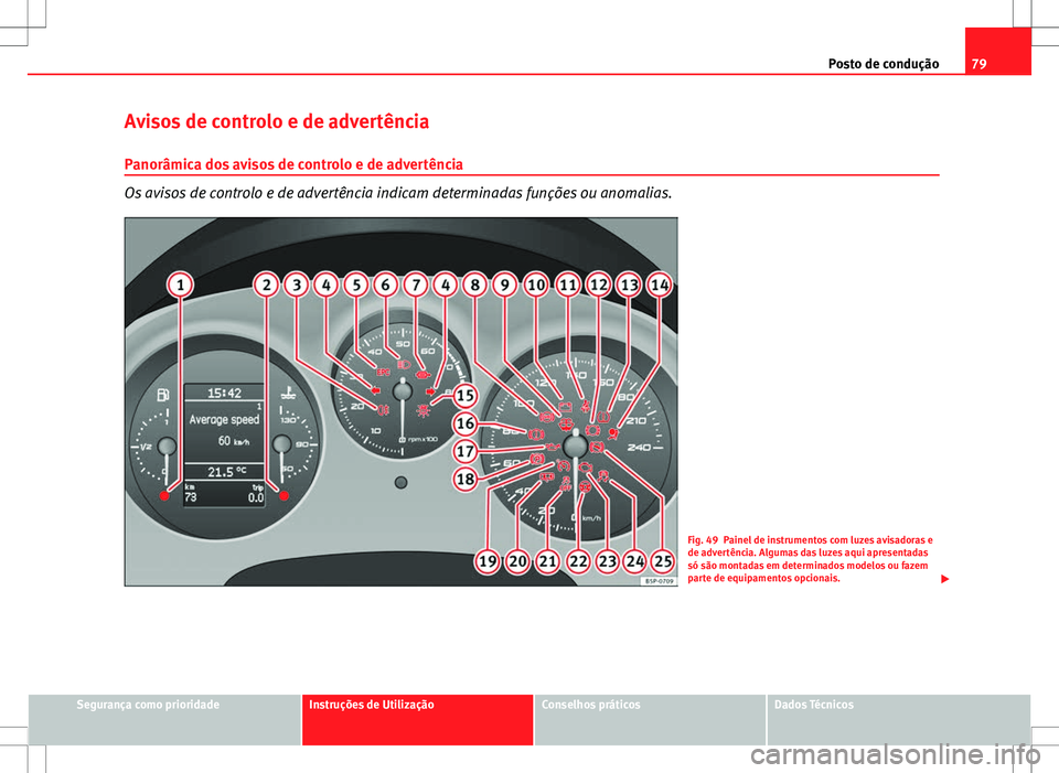 Seat Altea Freetrack 2013 Manual do proprietário (in Portuguese) 79
Posto de condução
Avisos de controlo e de advertência Panorâmica dos avisos de controlo e de advertência
Os avisos de controlo e de advertência indicam determinadas funções ou anomalias.
Fi Seat Altea Freetrack 2013 Manual do proprietário (in Portuguese) 79
Posto de condução
Avisos de controlo e de advertência Panorâmica dos avisos de controlo e de advertência
Os avisos de controlo e de advertência indicam determinadas funções ou anomalias.
Fi