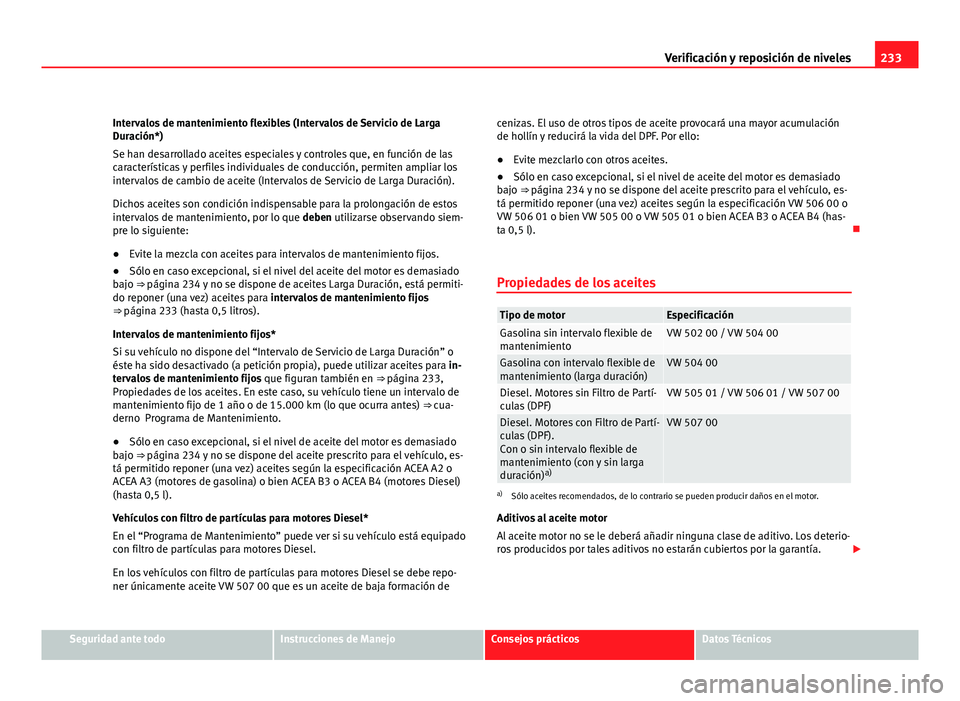 Seat Altea Freetrack 2012  Manual del propietario (in Spanish) 233
Verificación y reposición de niveles
Intervalos de mantenimiento flexibles (Intervalos de Servicio de Larga
Duración*)
Se han desarrollado aceites especiales y controles que, en función de las