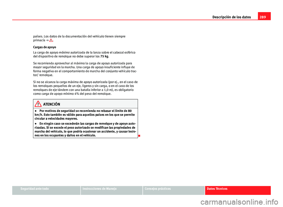 Seat Altea Freetrack 2012 Manual del propietario (in Spanish) 289
Descripción de los datos
países. Los datos de la documentación del vehículo tienen siempre
primacía ⇒
.
Cargas de apoyo
La carga de apoyo máxima autorizada de la lanza sobre el cabezal Seat Altea Freetrack 2012 Manual del propietario (in Spanish) 289
Descripción de los datos
países. Los datos de la documentación del vehículo tienen siempre
primacía ⇒
.
Cargas de apoyo
La carga de apoyo máxima autorizada de la lanza sobre el cabezal