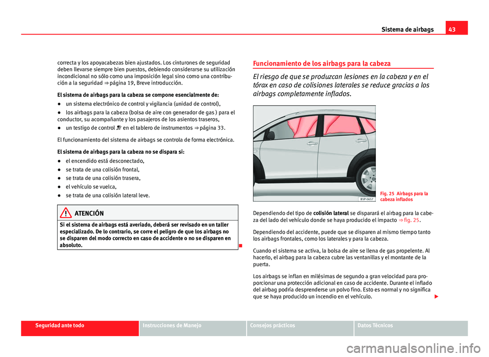 Seat Altea Freetrack 2012 Manual del propietario (in Spanish) 43
Sistema de airbags
correcta y los apoyacabezas bien ajustados. Los cinturones de seguridad
deben llevarse siempre bien puestos, debiendo considerarse su utilización
incondicional no sólo como una Seat Altea Freetrack 2012 Manual del propietario (in Spanish) 43
Sistema de airbags
correcta y los apoyacabezas bien ajustados. Los cinturones de seguridad
deben llevarse siempre bien puestos, debiendo considerarse su utilización
incondicional no sólo como una