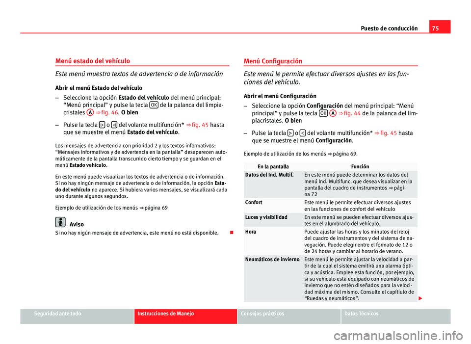 Seat Altea Freetrack 2012  Manual del propietario (in Spanish) 75
Puesto de conducción
Menú estado del vehículo
Este menú muestra textos de advertencia o de información Abrir el menú Estado del vehículo
– Seleccione la opción Estado del vehículo  del m