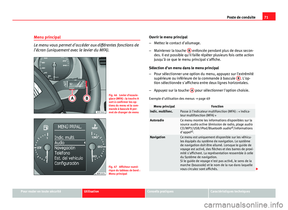 Seat Altea Freetrack 2012  Manuel du propriétaire (in French)  71
Poste de conduite
Menu principal
Le menu vous permet d'accéder aux différentes fonctions de
l'écran (uniquement avec le levier du MFA).
Fig. 46  Levier d'essuie-
glace (MFA) : la tou