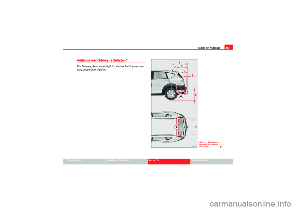 Seat Altea Freetrack 2011 Betriebsanleitung (in German) Fahren mit Anhänger213
Sicher ist sicher
Hinweise zur Bedienung
Rat und Tat
Te c h n i s c h e D a t e n
Anhängevorrichtung nachrüsten*Das Fahrzeug kann nachträglich mit einer Anhängevorrich-
tu Seat Altea Freetrack 2011 Betriebsanleitung (in German) Fahren mit Anhänger213
Sicher ist sicher
Hinweise zur Bedienung
Rat und Tat
Te c h n i s c h e D a t e n
Anhängevorrichtung nachrüsten*Das Fahrzeug kann nachträglich mit einer Anhängevorrich-
tu