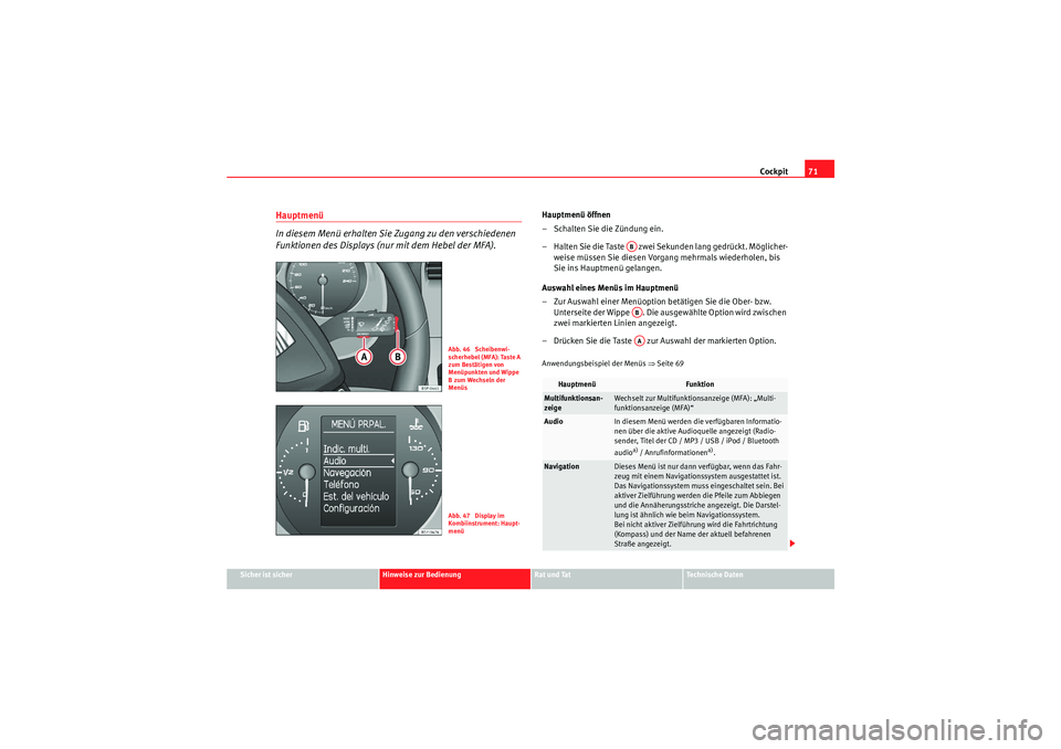 Seat Altea Freetrack 2011 Betriebsanleitung (in German) Cockpit71
Sicher ist sicher
Hinweise zur Bedienung
Rat und Tat
Te c h n i s c h e D a t e n
Hauptmenü
In diesem Menü erhalten Sie Zugang zu den verschiedenen
Funktionen des Displays (nur mit dem H Seat Altea Freetrack 2011 Betriebsanleitung (in German) Cockpit71
Sicher ist sicher
Hinweise zur Bedienung
Rat und Tat
Te c h n i s c h e D a t e n
Hauptmenü
In diesem Menü erhalten Sie Zugang zu den verschiedenen
Funktionen des Displays (nur mit dem H