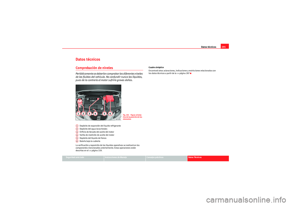 Seat Altea Freetrack 2011  Manual del propietario (in Spanish) Datos técnicos291
Seguridad ante todo
Instrucciones de Manejo
Consejos prácticos
Datos Técnicos
Datos técnicosComprobación de nivelesPeriódicamente se deberían co mprobar los diferentes niveles