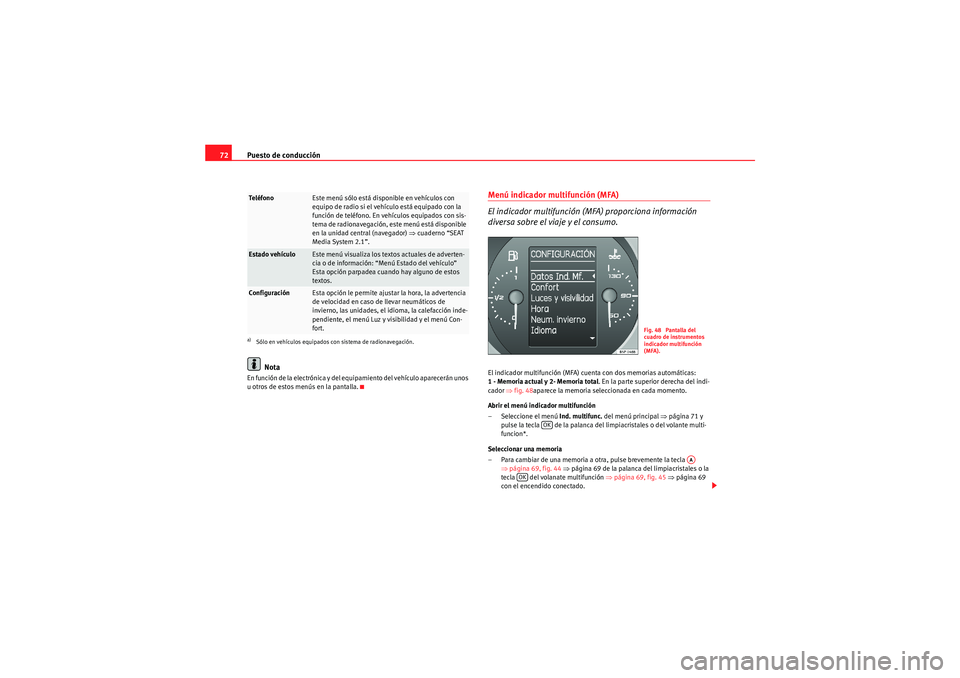Seat Altea Freetrack 2011 Manual del propietario (in Spanish) Puesto de conducción
72
NotaEn función de la electrónica y del equipamiento del vehículo aparecerán unos
u otros de estos menús en la pantalla.
Menú indicador multifunción (MFA)
El indicador Seat Altea Freetrack 2011 Manual del propietario (in Spanish) Puesto de conducción
72
NotaEn función de la electrónica y del equipamiento del vehículo aparecerán unos
u otros de estos menús en la pantalla.
Menú indicador multifunción (MFA)
El indicador