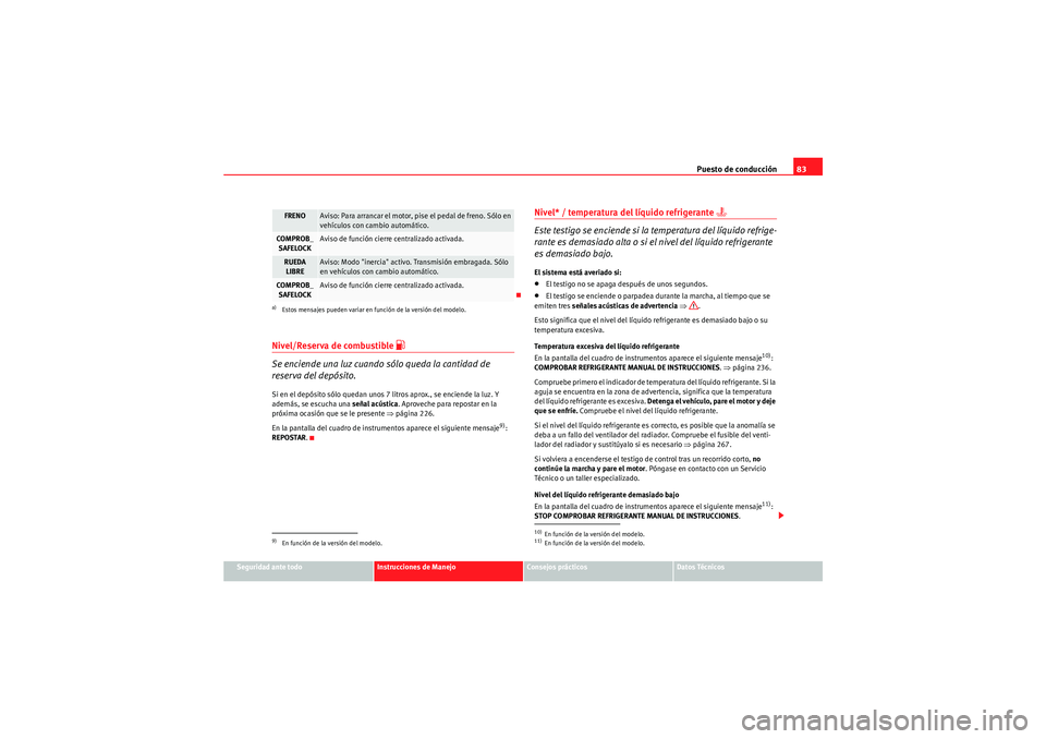 Seat Altea Freetrack 2011  Manual del propietario (in Spanish) Puesto de conducción83
Seguridad ante todo
Instrucciones de Manejo
Consejos prácticos
Datos Técnicos
Nivel/Reserva de combustible 
�z
Se enciende una luz cuando sólo queda la cantidad de 
reserva 