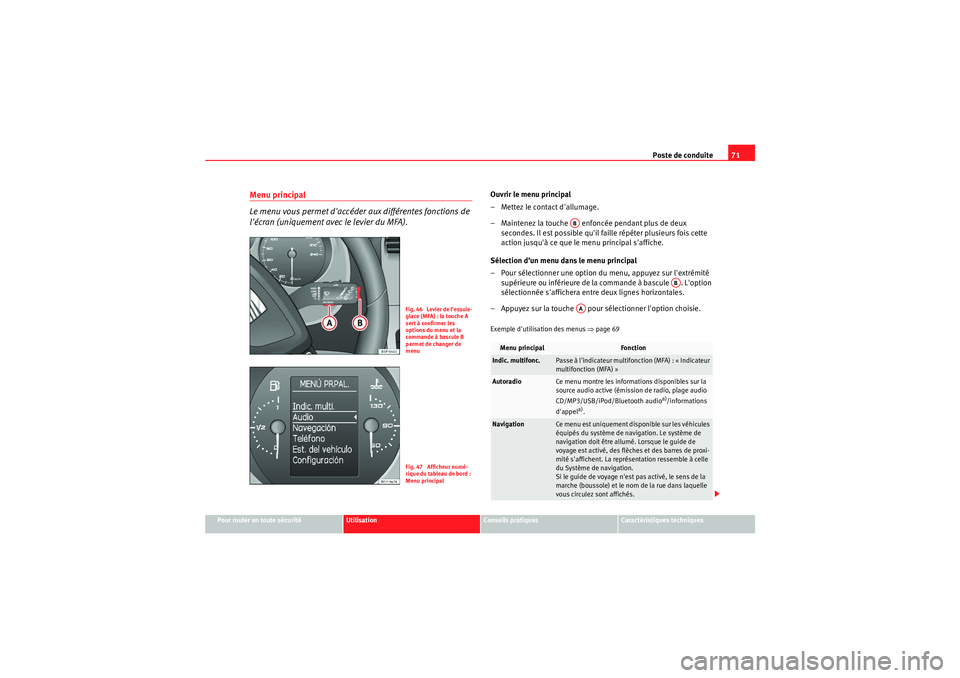 Seat Altea Freetrack 2011  Manuel du propriétaire (in French)  Poste de conduite71
Pour rouler en toute sécurité
Utilisation
Conseils pratiques
Caractéristiques techniques
Menu principal
Le menu vous permet daccéde r aux différentes fonctions de 
lécran (
