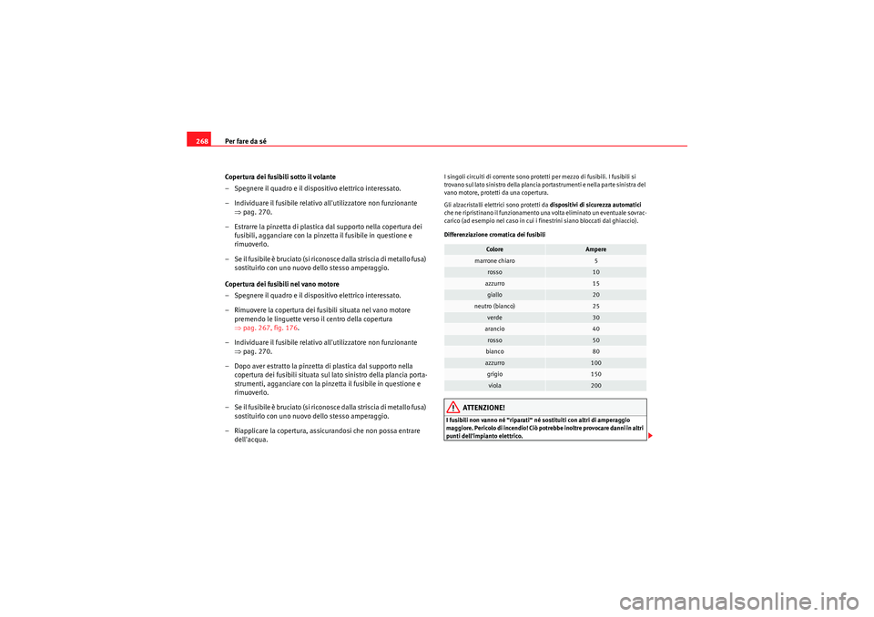 Seat Altea Freetrack 2011 Manuale del proprietario (in Italian) Per fare da sé
268
Copertura dei fusibili sotto il volante
– Spegnere il quadro e il dispositivo elettrico interessato.
– Individuare il fusibile relativo allutilizzatore non funzionante ⇒pag. Seat Altea Freetrack 2011 Manuale del proprietario (in Italian) Per fare da sé
268
Copertura dei fusibili sotto il volante
– Spegnere il quadro e il dispositivo elettrico interessato.
– Individuare il fusibile relativo allutilizzatore non funzionante ⇒pag.