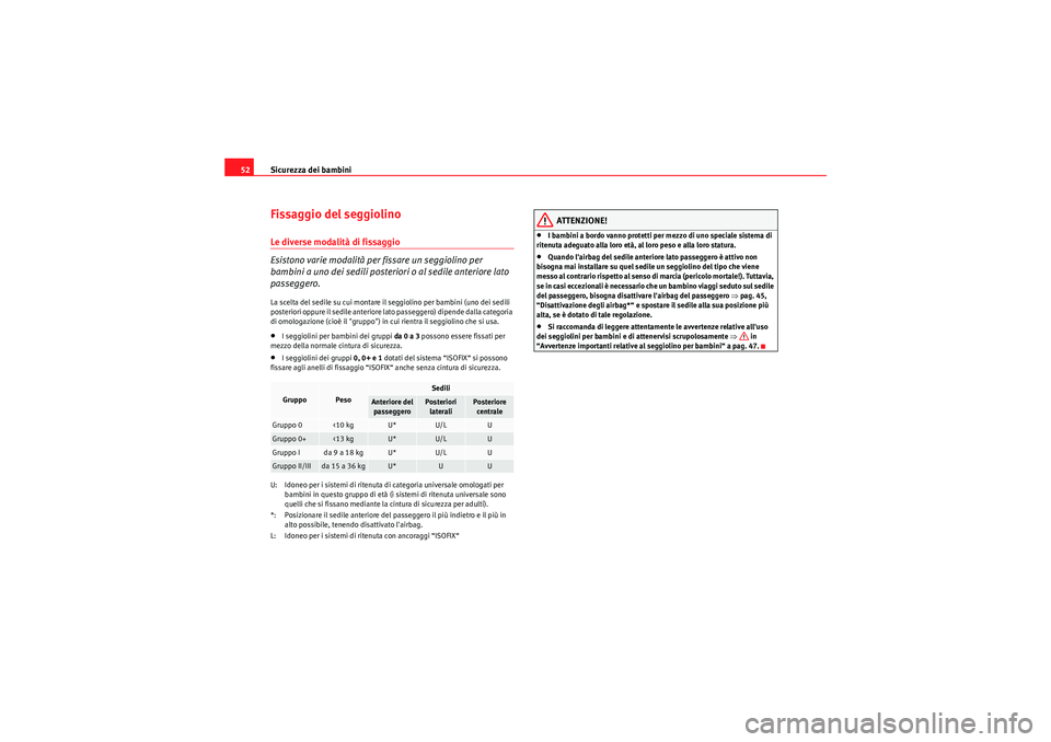 Seat Altea Freetrack 2011 Manuale del proprietario (in Italian) Sicurezza dei bambini
52Fissaggio del seggiolinoLe diverse modalità di fissaggio
Esistono varie modalità per fissare un seggiolino per
bambini a uno dei sedili posteriori o al sedile anteriore lato Seat Altea Freetrack 2011 Manuale del proprietario (in Italian) Sicurezza dei bambini
52Fissaggio del seggiolinoLe diverse modalità di fissaggio
Esistono varie modalità per fissare un seggiolino per
bambini a uno dei sedili posteriori o al sedile anteriore lato