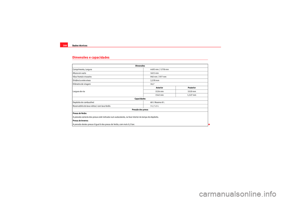 Seat Altea Freetrack 2011  Manual do proprietário (in Portuguese)  Dados técnicos
300Dimensões e capacidades
Dimensões
Comprimento, Largura 4493 mm / 1778 mm
Altura em vazio 1615 mm
Vãos frontal e traseiro 940 mm / 977 mm
Distância entre eixos 2,578 mm
Diâmetro