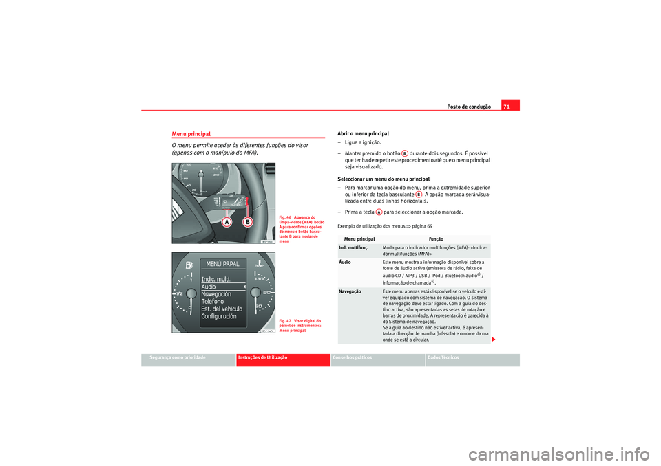 Seat Altea Freetrack 2011  Manual do proprietário (in Portuguese)  Posto de condução71
Segurança como prioridade
Instruções de Utilização
Conselhos práticos
Dados Técnicos
Menu principal
O menu permite aceder às diferentes funções do visor 
(apenas com o 