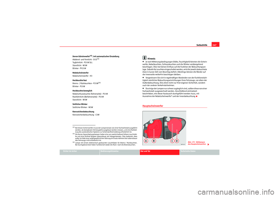 Seat Altea Freetrack 2010 Betriebsanleitung (in German) Selbsthilfe267
Sicher ist sicher
Bedienungshinweise
Rat und Tat
Te c h n i s c h e D a t e n
Xenon-Scheinwerfer
22) /mit automatischer Einstellung
Abblend- und Fernlicht - D1S
23)
Tagfahrlicht - P21W Seat Altea Freetrack 2010 Betriebsanleitung (in German) Selbsthilfe267
Sicher ist sicher
Bedienungshinweise
Rat und Tat
Te c h n i s c h e D a t e n
Xenon-Scheinwerfer
22) /mit automatischer Einstellung
Abblend- und Fernlicht - D1S
23)
Tagfahrlicht - P21W