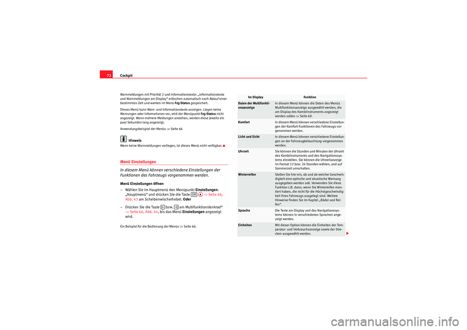 Seat Altea Freetrack 2010  Betriebsanleitung (in German) Cockpit
72Warnmeldungen mit Priorität 2 und Informationstexte: „Informationstexte 
und Warnmeldungen am Display“ erlöschen automatisch nach Ablauf einer 
bestimmten Zeit und werden im Menü  Fzg