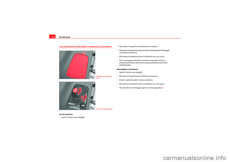 Seat Altea Freetrack 2010  Manuale del proprietario (in Italian) Per fare da sé
276Luce di posizione, fendinebbia e retromarcia sul portelloneLuci di posizione
– Aprire il cofano vano bagagli. – Rimuovere il coperchio 
esercitando una trazione.
– Rimuovere i
