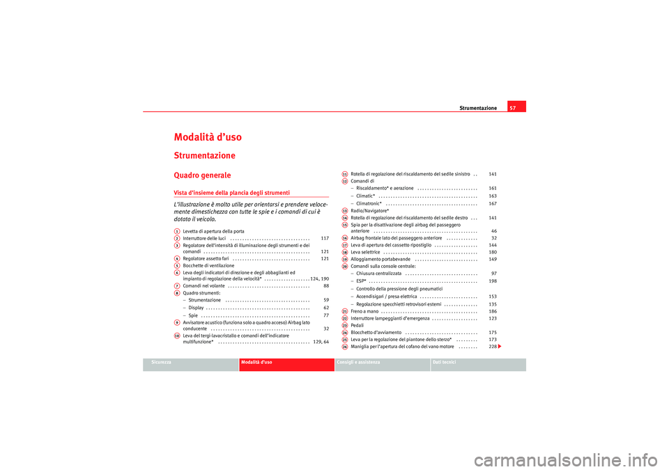 Seat Altea Freetrack 2010  Manuale del proprietario (in Italian) Strumentazione57
Sicurezza
Modalità d’uso
Consigli e assistenza
Dati tecnici
Modalità d’usoStrumentazioneQuadro generaleVista d’insieme della plancia degli strumenti 
L’illustrazione è molt