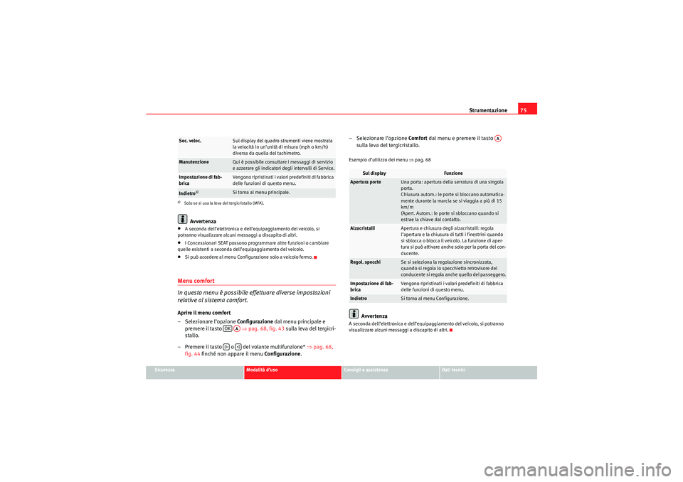 Seat Altea Freetrack 2010  Manuale del proprietario (in Italian) Strumentazione75
Sicurezza
Modalità d’uso
Consigli e assistenza
Dati tecnici
Avvertenza
•A seconda dell’elettronica e dell’equipaggiamento del veicolo, si 
potranno visualizzare alcuni messag