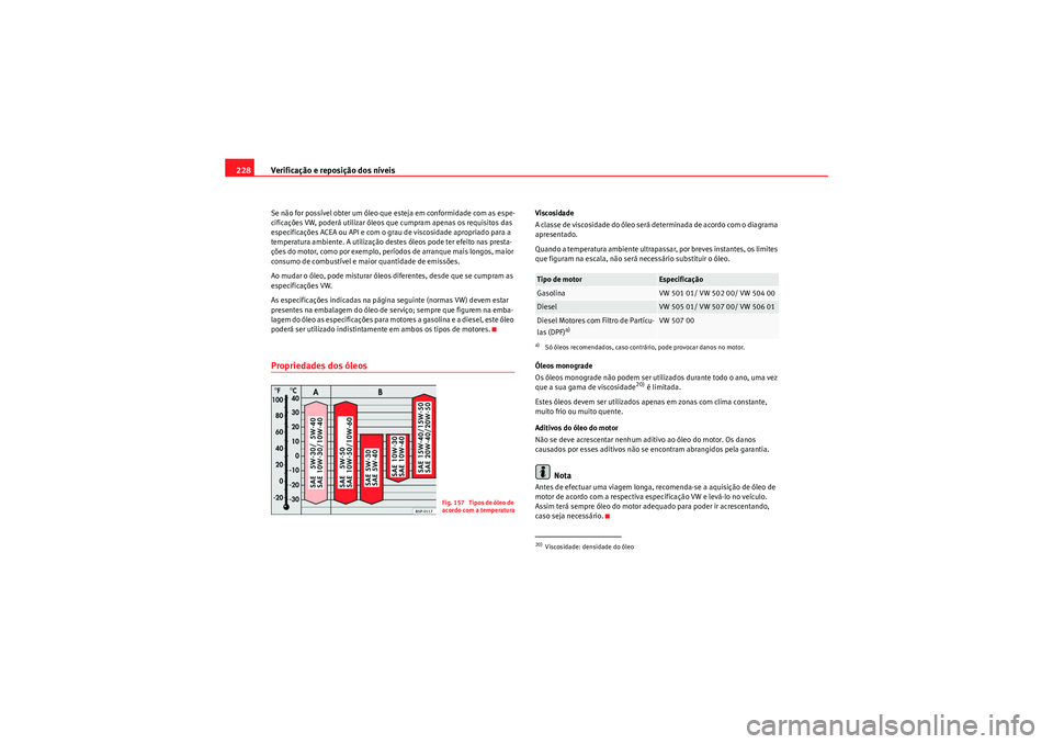 Seat Altea Freetrack 2010  Manual do proprietário (in Portuguese)  Verificação e reposição dos níveis
228Se não for possível obter um óleo que esteja em conformidade com as espe-
cificações VW, poderá utilizar óleos que cumpram apenas os requisitos das 
e