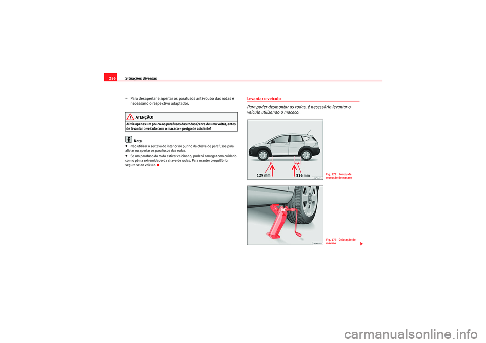 Seat Altea Freetrack 2010  Manual do proprietário (in Portuguese)  Situações diversas
256
– Para desapertar e apertar os parafusos anti-roubo das rodas é necessário o respectivo adaptador.
ATENÇÃO!
Alivie apenas um pouco os parafusos das rodas (cerca de uma v