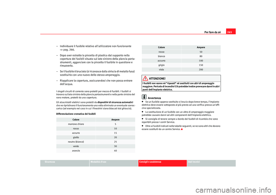 Seat Altea Freetrack 2009 Manuale del proprietario (in Italian) Per fare da sé265
Sicurezza
Modalità duso
Consigli e assistenza
Dati tecnici
– Individuare il fusibile relativo allutilizzatore non funzionante
⇒pag. 266.
– Dopo aver estratto la pinzetta d Seat Altea Freetrack 2009 Manuale del proprietario (in Italian) Per fare da sé265
Sicurezza
Modalità duso
Consigli e assistenza
Dati tecnici
– Individuare il fusibile relativo allutilizzatore non funzionante
⇒pag. 266.
– Dopo aver estratto la pinzetta d