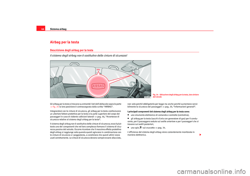 Seat Altea Freetrack 2009  Manuale del proprietario (in Italian) Sistema airbag
44Airbag per la testaDescrizione degli airbag per la testa
Il sistema degli airbag non è sostitutivo delle cinture di sicurezza!Gli airbag per la testa si trovano su entrambi i lati de