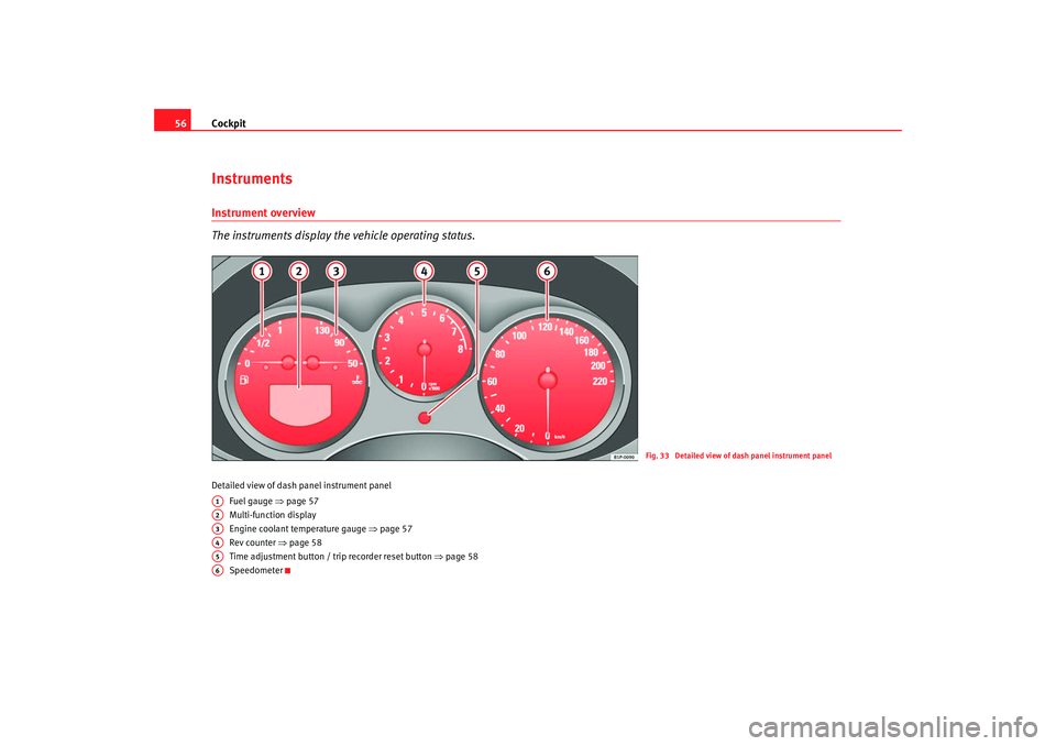 Seat Altea Freetrack 2008  Owners Manual Cockpit
56InstrumentsInstrument overview
The instruments display the vehicle operating status.Detailed view of dash panel instrument panel
Fuel gauge ⇒ page 57
Multi-function display
Engine coolant 