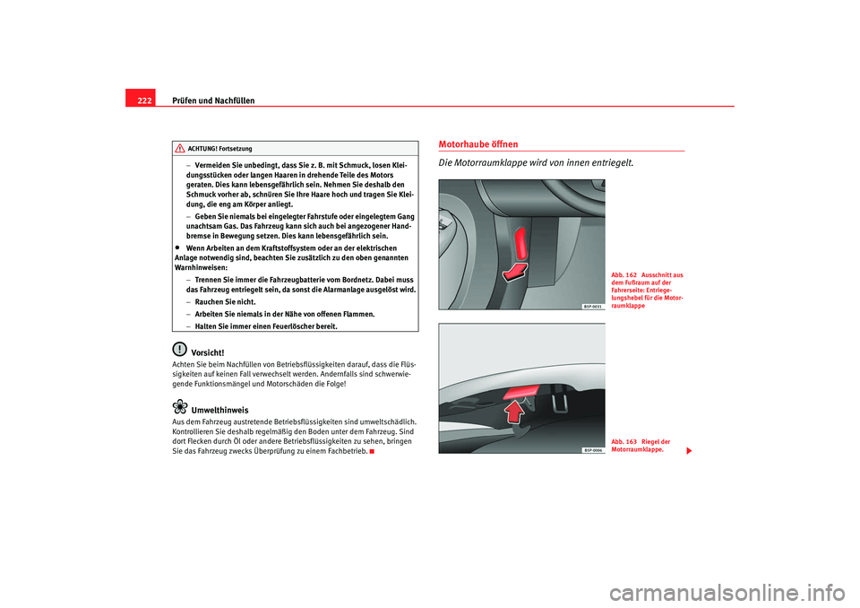 Seat Altea Freetrack 2008  Betriebsanleitung (in German) Prüfen und Nachfüllen
222
− Vermeiden Sie unbedingt, dass Sie z. B. mit Schmuck, losen Klei-
dungsstücken oder langen Haaren in drehende Teile des Motors 
geraten. Dies kann lebensgefährlich sei