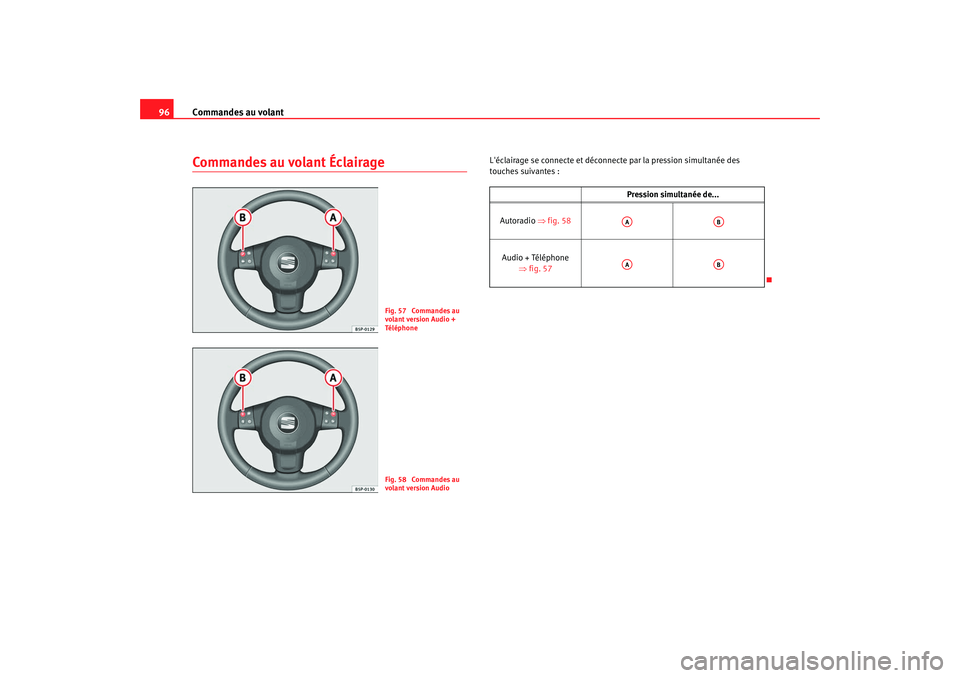 Seat Altea Freetrack 2008 Manuel du propriétaire (in French) Commandes au volant
96Commandes au volant Éclairage
Léclairage se connecte et déconnecte par la pression simultanée des
touches suivantes :
Fig. 57 Commandes au
volant version Audio +
Té l à Seat Altea Freetrack 2008 Manuel du propriétaire (in French) Commandes au volant
96Commandes au volant Éclairage
Léclairage se connecte et déconnecte par la pression simultanée des
touches suivantes :
Fig. 57 Commandes au
volant version Audio +
Té l Ã