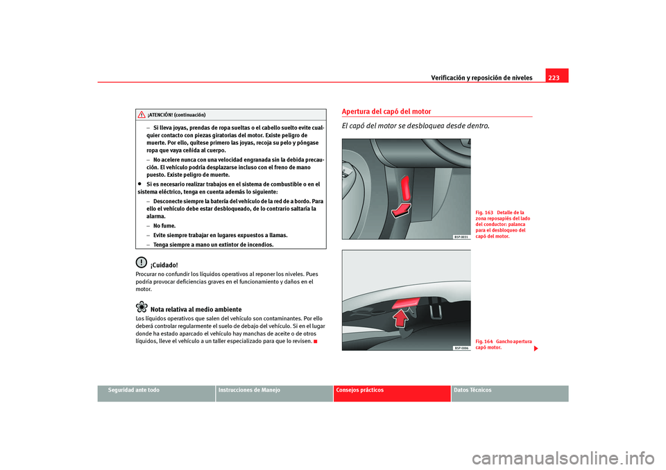 Seat Altea Freetrack 2007  Manual del propietario (in Spanish) Verificación y reposición de niveles223
Seguridad ante todo
Instrucciones de Manejo
Consejos prácticos
Datos Técnicos
−
Si lleva joyas, prendas de ropa sueltas o el cabello suelto evite cual-
qu