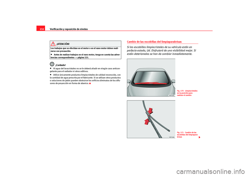 Seat Altea Freetrack 2007  Manual del propietario (in Spanish) Verificación y reposición de niveles
232
¡ATENCIÓN!
Los trabajos que se efectúan en el motor o en el vano motor deben reali-
zarse con precaución.•
Antes de realizar trabajos en el vano motor,