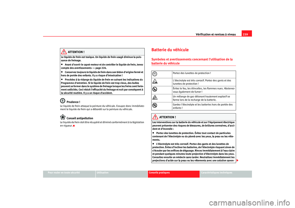 Seat Altea Freetrack 2007 Manuel du propriétaire (in French) Vérification et remises à niveau239
Pour rouler en toute sécurité
Utilisation
Conseils pratiques
Caractéristiques techniques
ATTENTION !
Le liquide de frein est toxique. Un liquide de frein usagà Seat Altea Freetrack 2007 Manuel du propriétaire (in French) Vérification et remises à niveau239
Pour rouler en toute sécurité
Utilisation
Conseils pratiques
Caractéristiques techniques
ATTENTION !
Le liquide de frein est toxique. Un liquide de frein usagÃ