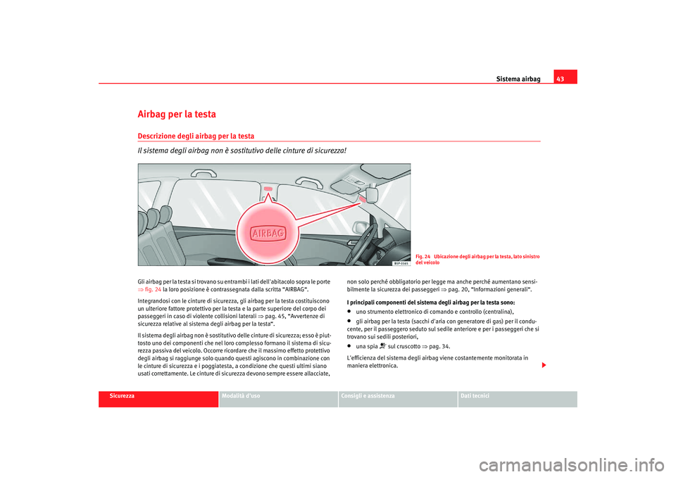 Seat Altea Freetrack 2007  Manuale del proprietario (in Italian) Sistema airbag43
Sicurezza
Modalità duso
Consigli e assistenza
Dati tecnici
Airbag per la testaDescrizione degli airbag per la testa
Il sistema degli airbag non è sostitutivo delle cinture di sicur