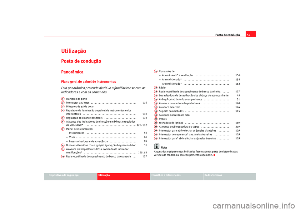 Seat Altea Freetrack 2007 Manual do proprietário (in Portuguese) Posto de condução57
Dispositivos de segurança
Utilização
Conselhos e Intervenções
Dados Técnicos
UtilizaçãoPosto de conduçãoPanorâmicaPlano geral do painel de instrumentos
Esta panorâmic Seat Altea Freetrack 2007 Manual do proprietário (in Portuguese) Posto de condução57
Dispositivos de segurança
Utilização
Conselhos e Intervenções
Dados Técnicos
UtilizaçãoPosto de conduçãoPanorâmicaPlano geral do painel de instrumentos
Esta panorâmic