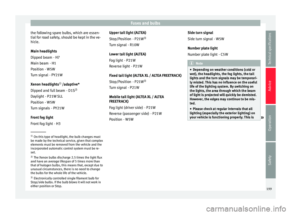 Seat Altea XL 2015 Owners Manual Fuses and bulbs
the following spare bulbs, which are essen-
tial for road safety, should be kept in the ve-
hicle.
Main headlights - H7
- H1
- W5W - PY21W
Xenon headlights 1)
/adaptive*
- D1S 2)
- P2 Seat Altea XL 2015 Owners Manual Fuses and bulbs
the following spare bulbs, which are essen-
tial for road safety, should be kept in the ve-
hicle.
Main headlights - H7
- H1
- W5W - PY21W
Xenon headlights 1)
/adaptive*
- D1S 2)
- P2