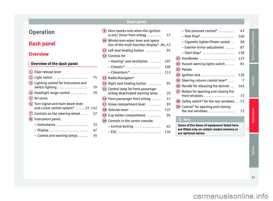 Seat Altea XL 2015  Owners Manual Dash panel
Operation
Dash panel Overview Overview of the dash panel Door release lever
Light switch
 . . . . . . . . . . . . . . . . . . . . . . 75
Lighting control for instrument and
switch lighting.