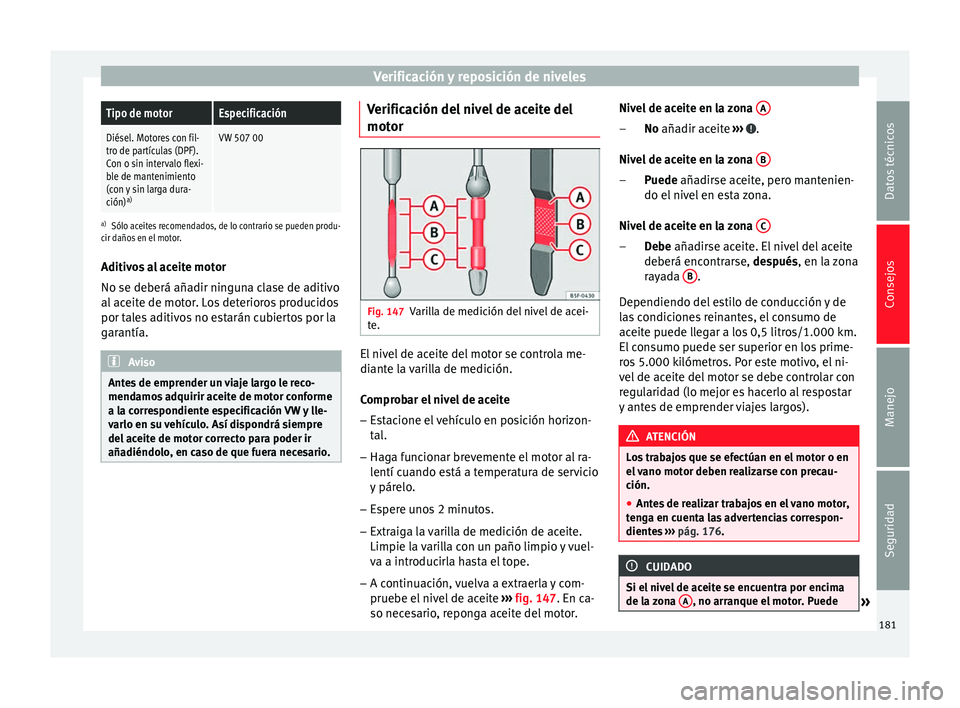 Seat Altea XL 2015 Manual del propietario (in Spanish) Verificación y reposición de nivelesTipo de motorEspecificación
Diésel. Motores con fil-
tro de partículas (DPF).
Con o sin intervalo flexi-
ble de mantenimiento
(con y sin larga dura-
ción)
a)V Seat Altea XL 2015 Manual del propietario (in Spanish) Verificación y reposición de nivelesTipo de motorEspecificación
Diésel. Motores con fil-
tro de partículas (DPF).
Con o sin intervalo flexi-
ble de mantenimiento
(con y sin larga dura-
ción)
a)V