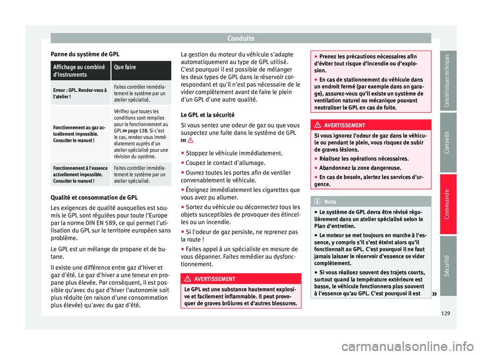 Seat Altea XL 2015 Manuel du propriétaire (in French) Conduite
Panne du système de GPLAffichage au combiné
d'instrumentsQue faire
Erreur : GPL. Rendez-vous à
l'atelier !Faites contrôler immédia-
tement le système par un
atelier spécialisé Seat Altea XL 2015 Manuel du propriétaire (in French) Conduite
Panne du système de GPLAffichage au combiné
d'instrumentsQue faire
Erreur : GPL. Rendez-vous à
l'atelier !Faites contrôler immédia-
tement le système par un
atelier spécialisé