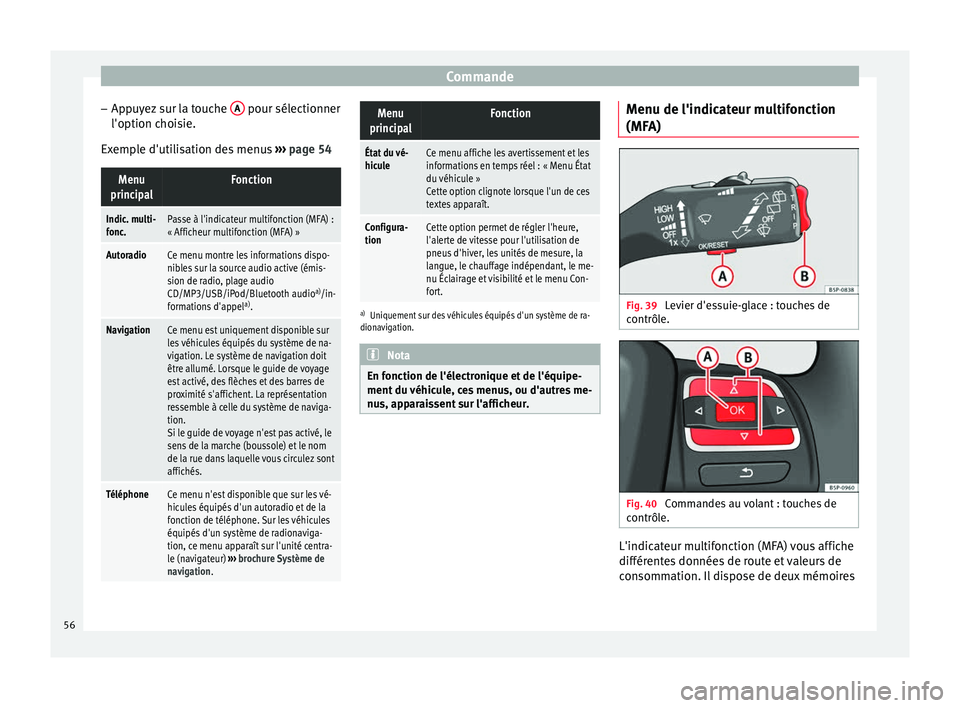 Seat Altea XL 2015 Manuel du propriétaire (in French) Commande
– Appuyez sur la touche A pour sélectionner
l'option choisie.
Exemple d'utilisation des menus ››› page 54Menu
principalFonction
Indic. multi-
fonc.Passe à l'indicateu Seat Altea XL 2015 Manuel du propriétaire (in French) Commande
– Appuyez sur la touche A pour sélectionner
l'option choisie.
Exemple d'utilisation des menus ››› page 54Menu
principalFonction
Indic. multi-
fonc.Passe à l'indicateu