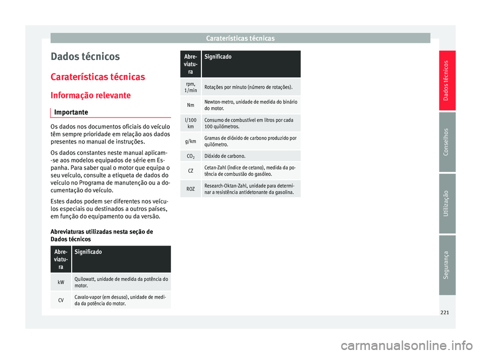 Seat Altea XL 2015 Manual do proprietário (in Portuguese) Caraterísticas técnicas
Dados técnicos
Caraterísticas técnicas
Informação relevante Importante Os dados nos documentos oficiais do veículo
têm sempre prioridade em relação aos dados
present Seat Altea XL 2015 Manual do proprietário (in Portuguese) Caraterísticas técnicas
Dados técnicos
Caraterísticas técnicas
Informação relevante Importante Os dados nos documentos oficiais do veículo
têm sempre prioridade em relação aos dados
present