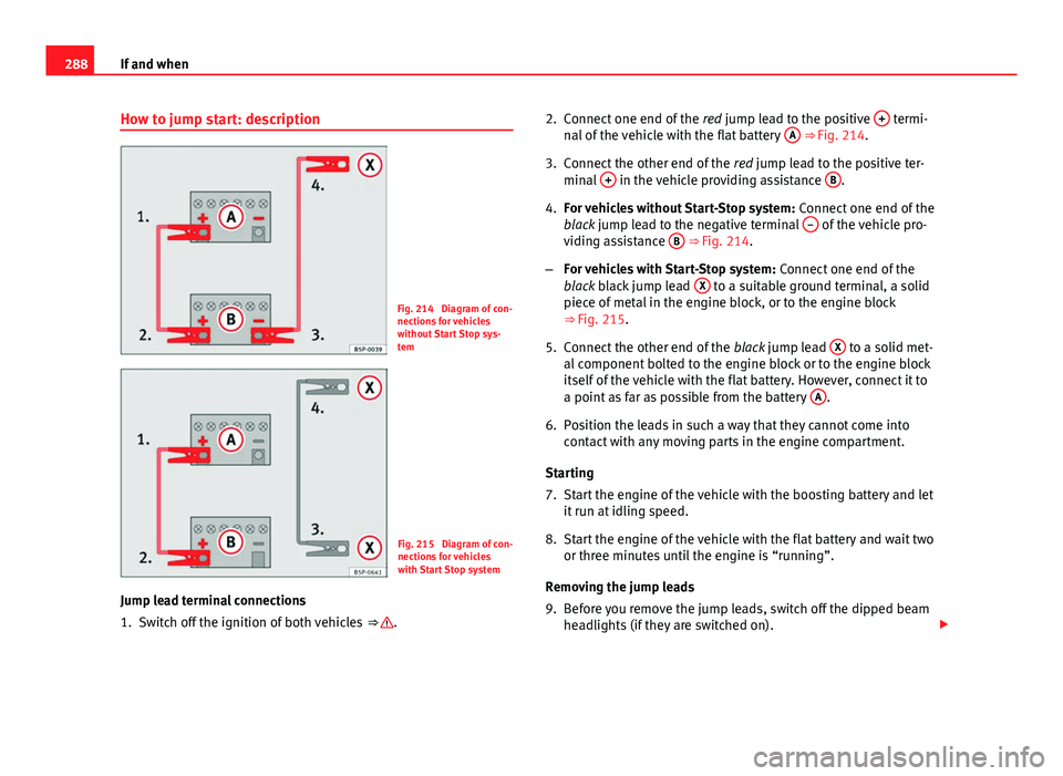 Seat Altea XL 2014 Owners Manual 288If and when
How to jump start: description
Fig. 214 Diagram of con-
nections for vehicles
without Start Stop sys-
tem
Fig. 215 Diagram of con-
nections for vehicles
with Start Stop system
Jump le Seat Altea XL 2014 Owners Manual 288If and when
How to jump start: description
Fig. 214 Diagram of con-
nections for vehicles
without Start Stop sys-
tem
Fig. 215 Diagram of con-
nections for vehicles
with Start Stop system
Jump le